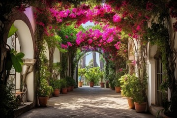 Fototapeta na wymiar Enchanting garden in Anacapri, Capri island, adorned with blooming flowers, graceful columns, and lush greenery.
