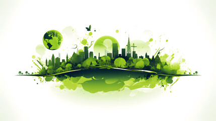 Ecology city skyline in green grunge style. Vector illustration.