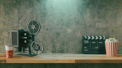 Movie podium background with movie objects, 3d rendering