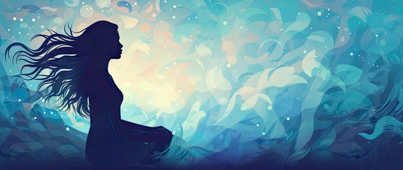  Mindfulness background. Silhouette beautiful woman on abstract blue color background. Mindfulness, wellness, relax, calmness, harmony, meditation concept. AI generative © vejaa