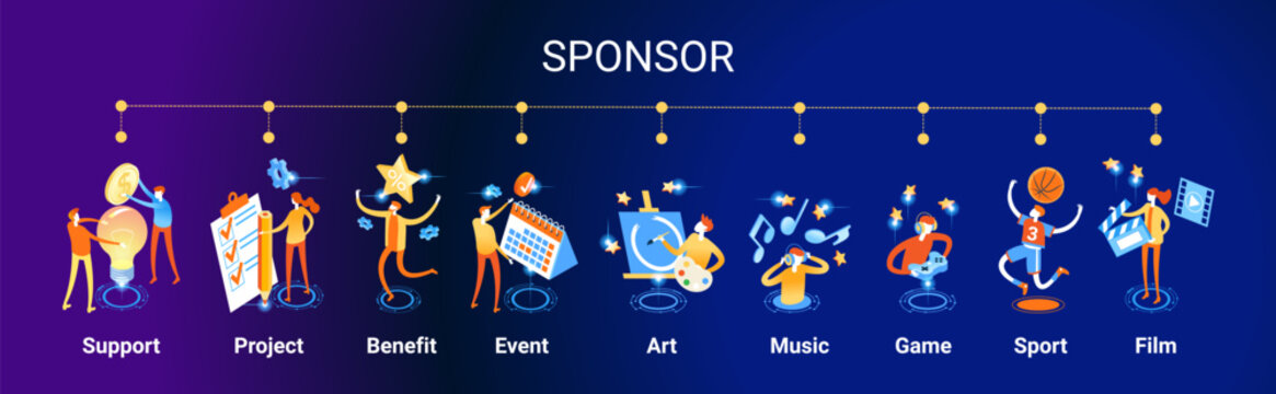 Sponsor banner web. Concept with icon of support, project, benefit, art, event, music, sport, film.