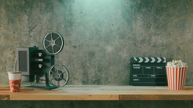 Movie podium background with movie objects, 3d rendering