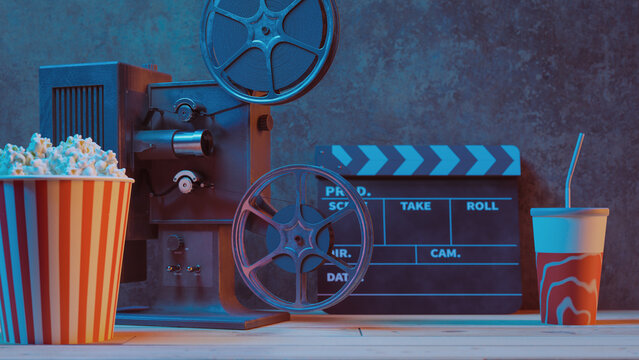 Movie podium background with movie objects, 3d rendering