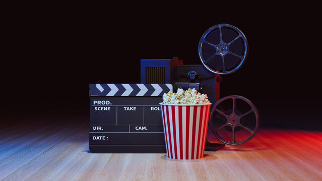 Movie podium background with movie objects, 3d rendering