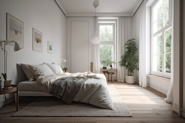 White walls, a wooden floor, a rug, a double bed, and a bedside table with books are all visible in this side view of a bedroom's interior. a mockup. Generative AI