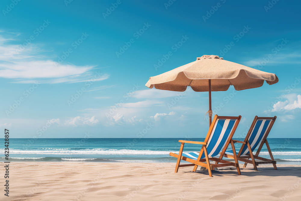 Wall mural Two beach beds and sun umbrella on the sandy beach seashore, nobody, copy space. Summer tourist banner template, blue bright sky. Generative AI photo.