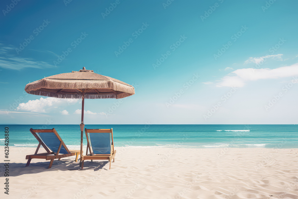 Wall mural Two beach beds and sun umbrella on the sandy beach seashore, nobody, copy space. Summer tourist banner template, blue bright sky. Generative AI photo. - Wall murals