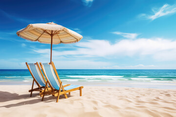 Two beach beds and sun umbrella on the sandy beach seashore, nobody, copy space. Summer tourist banner template, blue bright sky. Generative AI photo.