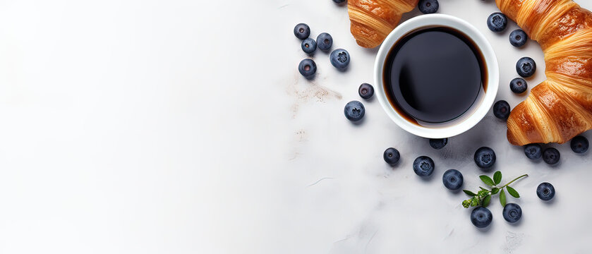 Coffee and Croissants Breakfast: Blueberry Delights. Top View, Flat Lay
