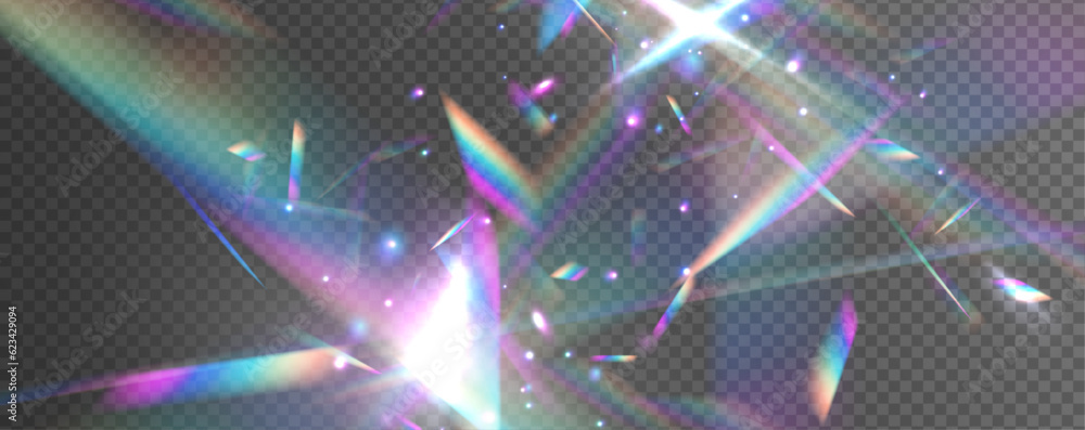 Poster crystal rainbow light effects. overlay for backgrounds.triangular prism concept. light streak overla