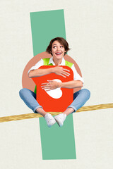 Vertical composite 3d photo collage of young carefree woman cuddle big social media like icon...