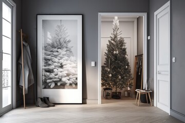 With a vertical mockup poster in a metal frame over a gray pouf, the sketch is transformed into a real entrance hallway. In the backdrop, a wardrobe with an entrance door and a Christmas tree with gif