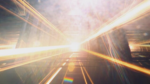 Golden glowing light energy rays coming out of a mysterious magical portal. Gateway to another dimension. Gates of heaven. Multiverse wormholes. Cinematic video. Zoom in. Sci fi, science fiction theme