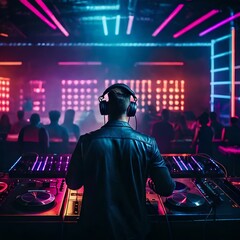 Image of a DJ performing in a club with neon lights.  (AI-generated fictional illustration)
