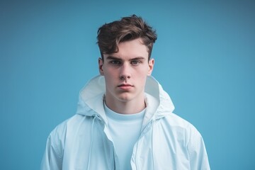 Obraz premium Medium shot portrait photography of a beautiful boy in his 20s wearing a lightweight windbreaker against a soft blue background. With generative AI technology