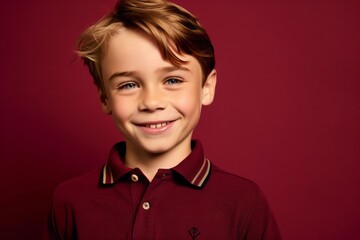 Lifestyle portrait photography of a tender kid male wearing a sporty polo shirt against a rich maroon background. With generative AI technology