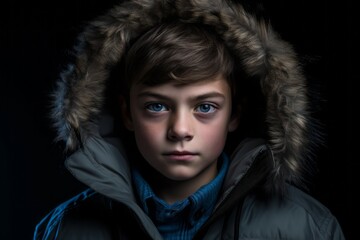 Environmental portrait photography of a glad kid male wearing a warm parka against a dark grey background. With generative AI technology