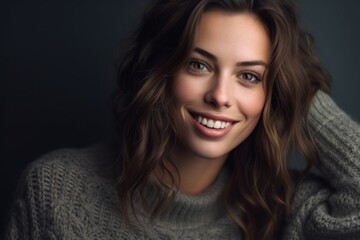 Close-up portrait photography of a glad girl in her 30s wearing a cozy sweater against a dark grey background. With generative AI technology