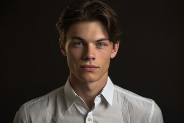 Headshot portrait photography of a tender boy in his 20s wearing a classy button-up shirt against a dark grey background. With generative AI technology