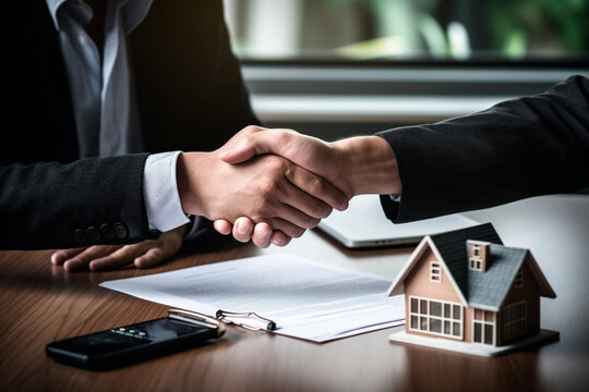 business owners shaking hands over house model with contract in front. Generative AI