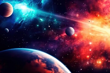Space scene with planets, stars and galaxies. Horizontal view for a glass panels. Nebula and galaxy in deep space. Science fiction art. Generated AI