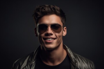 Medium shot portrait photography of a glad boy in his 20s wearing a trendy sunglasses against a dark grey background. With generative AI technology