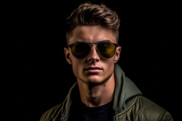 Obraz premium Medium shot portrait photography of a glad boy in his 20s wearing a trendy sunglasses against a dark grey background. With generative AI technology