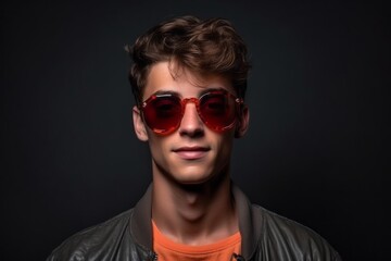 Obraz premium Medium shot portrait photography of a glad boy in his 20s wearing a trendy sunglasses against a dark grey background. With generative AI technology