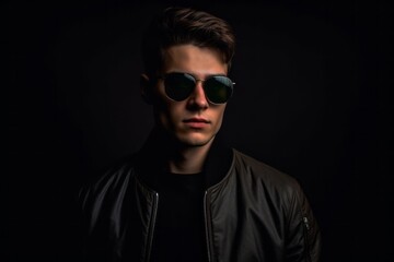 Medium shot portrait photography of a glad boy in his 20s wearing a trendy sunglasses against a dark grey background. With generative AI technology