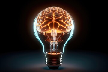 Glowing brain inside a light bulb, Business bright idea, Represents the power of inspiration and the potential for innovative thinking.