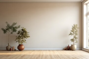 Fototapeta na wymiar Minimalist living room interior with a large wall, Vase of plant.
