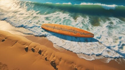 Surfboard on sand beach, Top view.