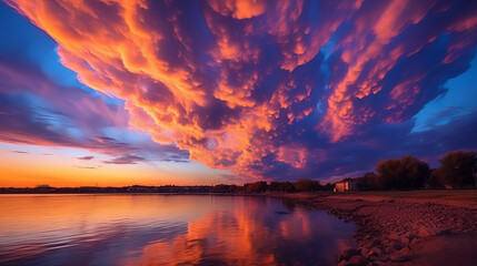 Long Exposure Ai Generated Sunset Landscape with Red Clouds and Sea with Reflection