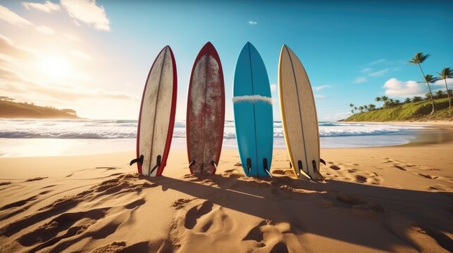 Four colorful surfboards on the sand beach on the in the evening, Summer, Vacation, Holiday.