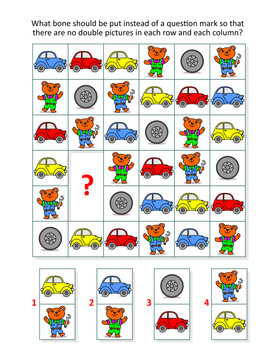 Picture domino sudoku game for kids with cars, wheels and bear mechanics. 
