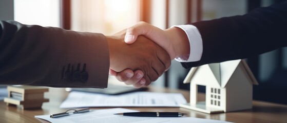 residential house businessman banker shake hand with customer after successful agreement and signing house contract, real estate concept, Generative AI
