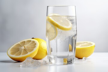 Refreshing drink water with lemon on a white background.