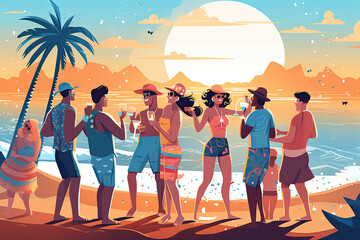 Illustration of a summer beach party, a company of friends dancing near the water at sunset.