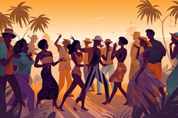 Tropical summer party on the beach, happy people have fun and dance at sunset.