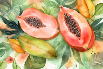 Beautiful watercolor illustration of fresh papaya tropical fruit. Exotic background.