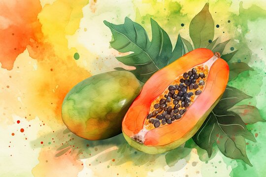 Fresh organic papaya fruit, watercolor illustration.