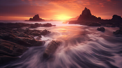 Long Exposure Ai Generated Sunset Landscape with Red Clouds and Sea with Reflection