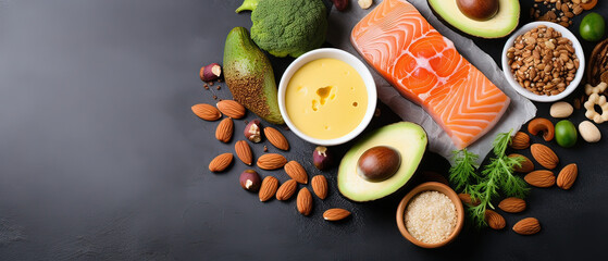 Clean Eating Delights: A Selection of Healthy Foods including Fruits, Vegetables, Seeds, Superfoods, Cereal, and Leafy Greens on a Gray Concrete Background