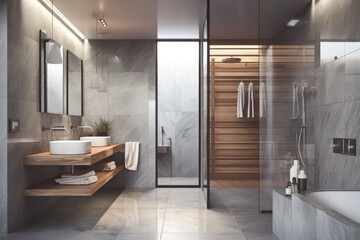 Shower stall, double sinks, and tiled hardwood walls in a luxurious bathroom. an opaque wall. a mockup. Generative AI