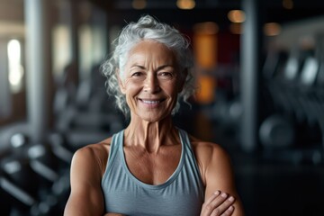 Fototapeta premium Portrait of senior lady, woman working out gym fitness, fitness concept, woman. Senior healthy lifestyle