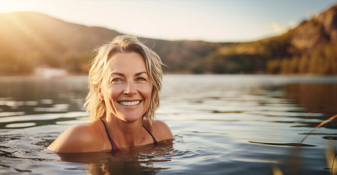 AI generated image of mature happy woman swim in the lake