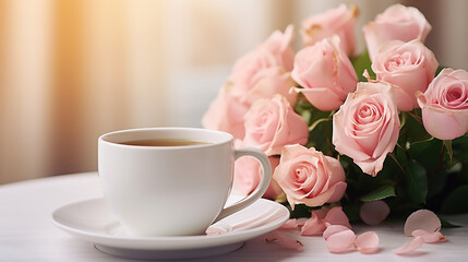 Fototapeta na wymiar coffee cup and pink roses