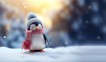 Funny cute portrait of an penguin wearing a winter cap and scarf standing in the snow of Antarctica, super cute and cozy winter concept background copy space - obrazy, fototapety, plakaty