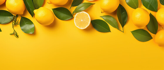 Fresh and Refreshing Citrus Delights: Ripe Juicy Lemons, Oranges, and Green Leaves on Bright Background
