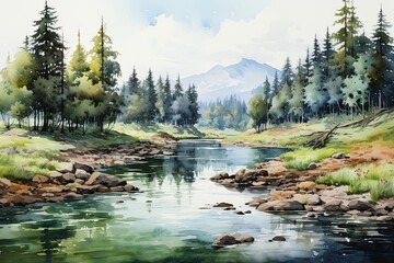 Watercolors of mountain landscapes - obrazy, fototapety, plakaty